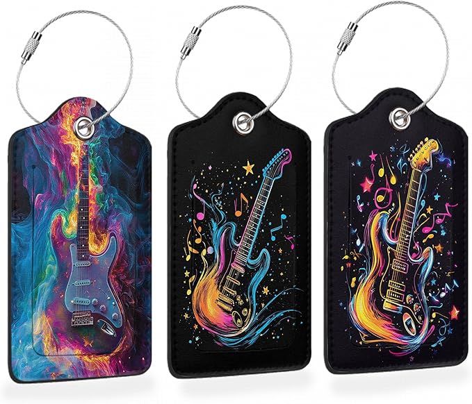 Electric Guitar Neon 3 PCS PU Leather Luggage Tags for Suitcase, Color Burst Guitar Luggage Tag with Privacy Flap, Name ID Label and Metal Loop for Women Men Baggage Handbag School Bag Backpack