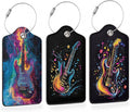 Electric Guitar Neon 3 PCS PU Leather Luggage Tags for Suitcase, Color Burst Guitar Luggage Tag with Privacy Flap, Name ID Label and Metal Loop for Women Men Baggage Handbag School Bag Backpack