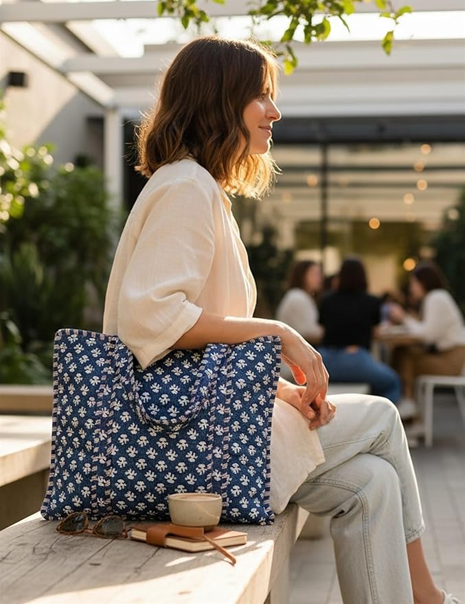 Cotton Quilted Tote Bag for Women – Large Beach & Travel Tote with Zipper, Reusable Grocery Bag