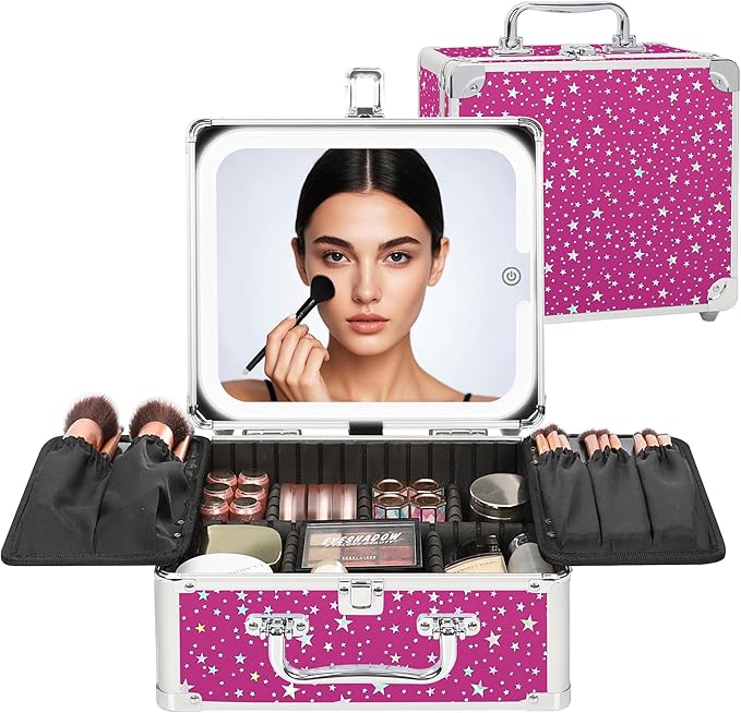 Relavel Makeup Bag with LED Mirror, Makeup Box Travel Train Case with Rechargeable Lighted Mirror, Cosmetic Brush Organizer Storage for Makeup Artists Gifts for Women and Girls, Hot Pink Shining Star