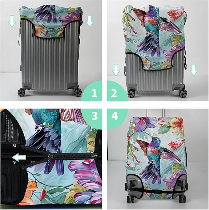 Luggage Cover Suitcase Protector Plus 1 Luggage Tag, Color Hummingbirds Travel Suitcase Cover for 26-28 inch Luggage (L) with Concealed Zipper Washable Elastic Cloth Dustproof Anti-Scratch