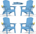 Folding Adirondack Chair with Cup Holder Set of 4,All-Weather Adirondack Chair,Patio Chair,HDPE-Wooden Textured Lawn Chair- Light Blue