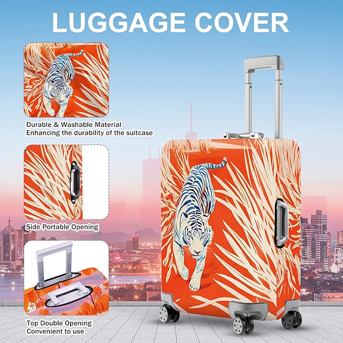 ANNA QUEEN Funny White Tiger Luggage Cover, Suitcase Protector with Bold Jungle Animal Print, Stretchable, Washable Travel Cover for 32-34 Inch Luggage
