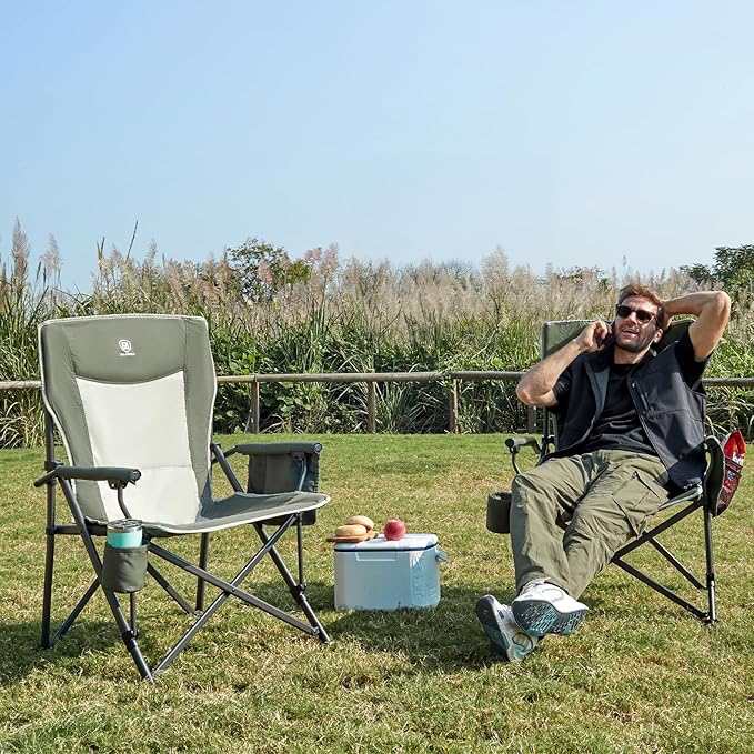 EVER ADVANCED Oversized Folding Camping Chair, for Adults Heavy Duty Lawn Chair with Side Pockets, Portable Collapsible Quad Chair for Outside, Support Up to 500lbs, Green 2Pack