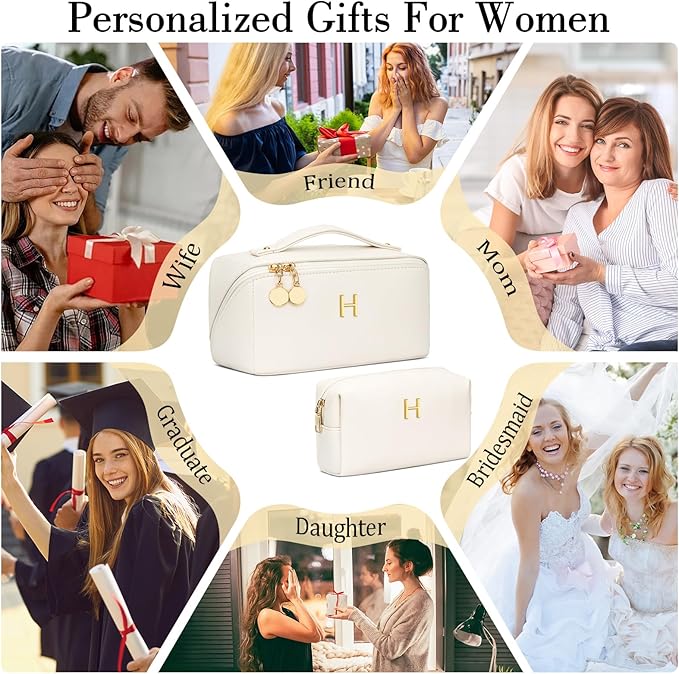 Birthday Gifts for Women Teen Girl, Personalized Initial Makeup Organizer Bag Set, Open Flat Travel Cosmetic Bag With Clear Divider and Handle(Beige,H)