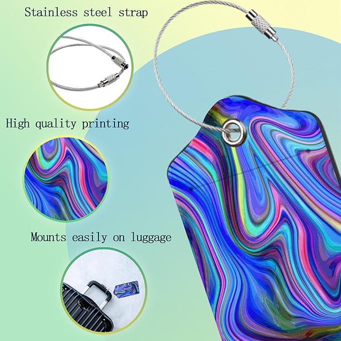Luggage Tags Set of 2 Colorful Abstract Marble Leather Suitcase Tags with Stainless Steel Loop and Privacy Cover for Women Men Travel Luggage Accessories