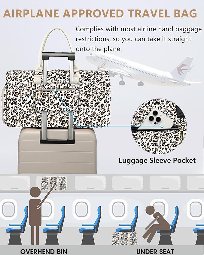 Women Duffle Weekender Travel Bag: Large Duffel Bags with Shoe Compartment Carry On Overnight Tote Bag with Wet Pocket Toiletry Bag Traveling Weekend Gym Yoga Hospital Bags for Womens Leopard