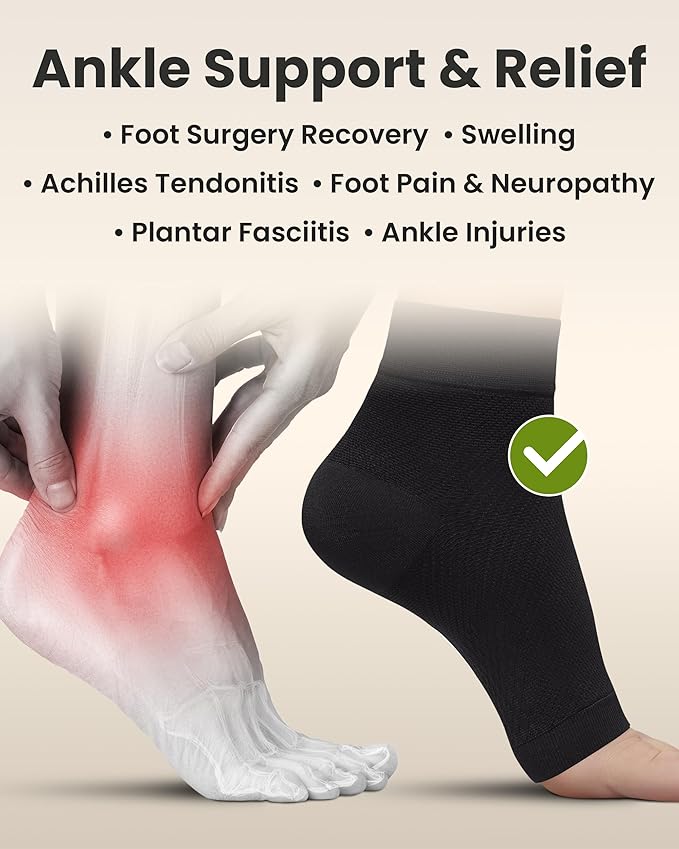 KEMFORD Ankle Compression Sleeve - Plantar Fasciitis Braces - Open Toe Compression Socks for Swelling, Sprain, Neuropathy, Foot Arch Support for Men and Women - 15-20mmhg, M, Black