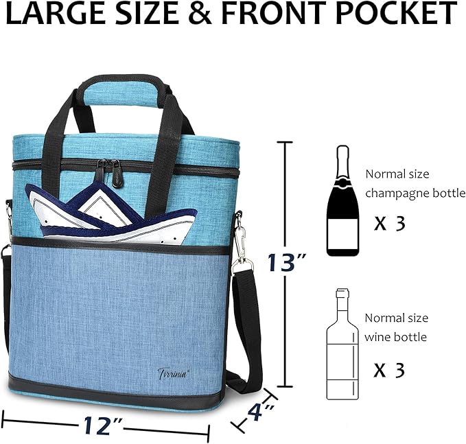 Tirrinia Insulated Wine Gift carrier - 3 Bottle Travel Padded Wine Carry Cooler Tote Bag with Handle and Adjustable Shoulder Strap, Blue