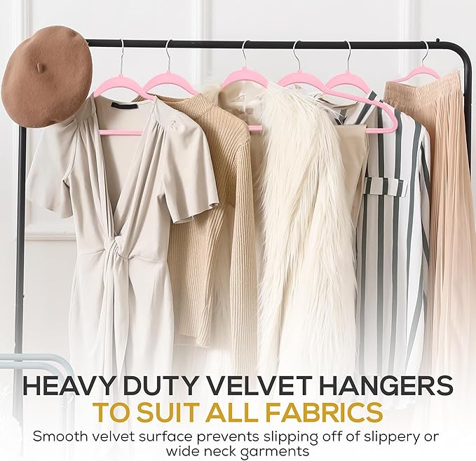 Premium Velvet Hangers 50 Pack Ultra Thin Non Slip Adult Felt Space Saving Suit Hanger for Closet Heavy Duty Coat Pants Jackets Dress Hangers 360° Swivel Hook Hold Upto 10 lbs Pink