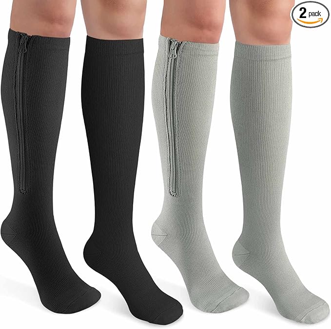 CASMON 2 Pairs Zipper Compression Socks for Women & Men, 15-20 mmHg Closed Toe Knee High Support Sock with Zipper for Varicose Vein Edema