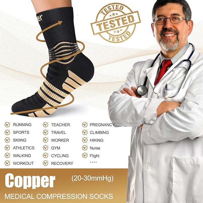 NEENCA Professional Copper Compression Socks, Medical Ankle Support Socks for Injuries Recovery & Pain Relief, Women & Men Circulation, Swelling, Runner, Travel, Pregnancy, Flying—1 Pair, 20-30 mmHg