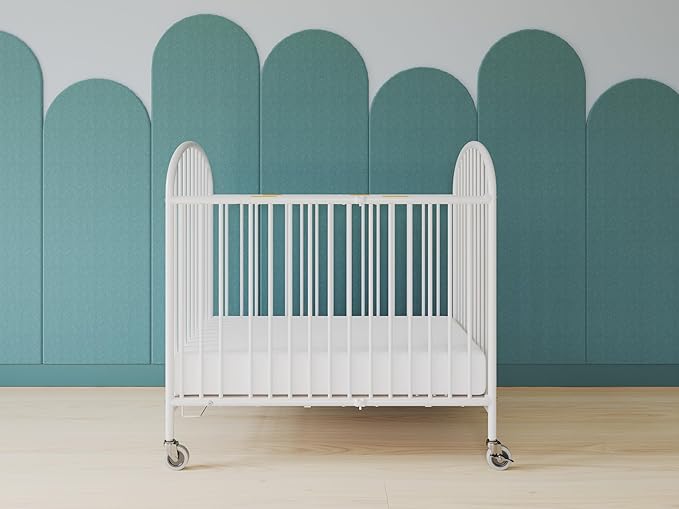 Foundations Pinnacle Folding Metal Baby Crib - Portable Hotel Crib, Easy Compact Storage, 4" Mattress, Built for Small Spaces, Heavy-Duty Construction, White