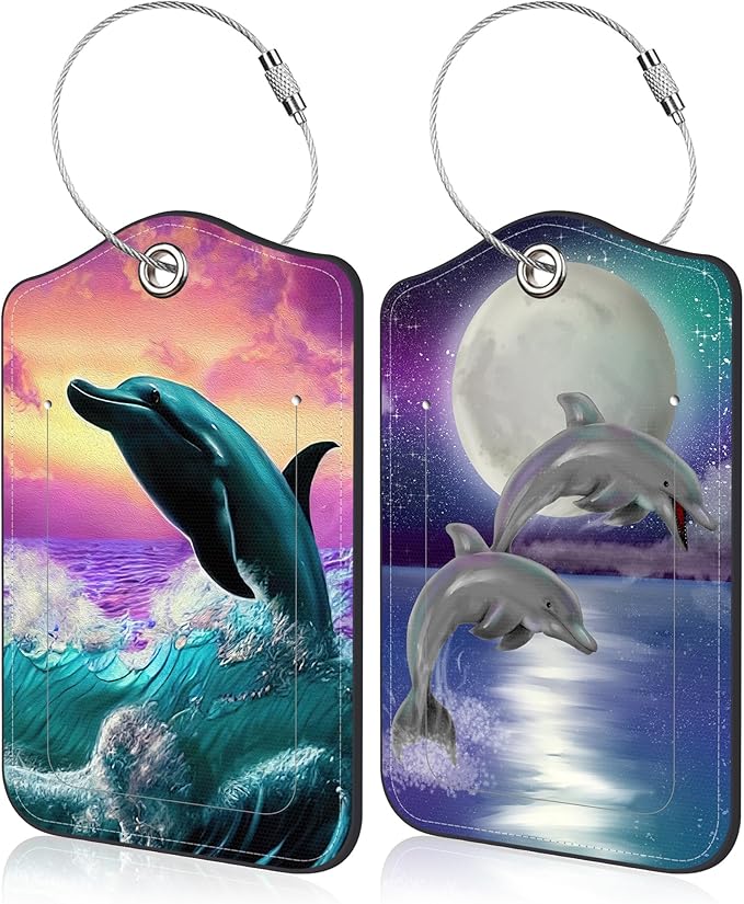 Set of 2 Luggage Tags for Suitcase Moon Night and Jumping Dolphin Leather Baggage Tags Set with Stainless Steel Loop Name Address Labels Privacy Cover for Men Women Travel Bag Suitcase