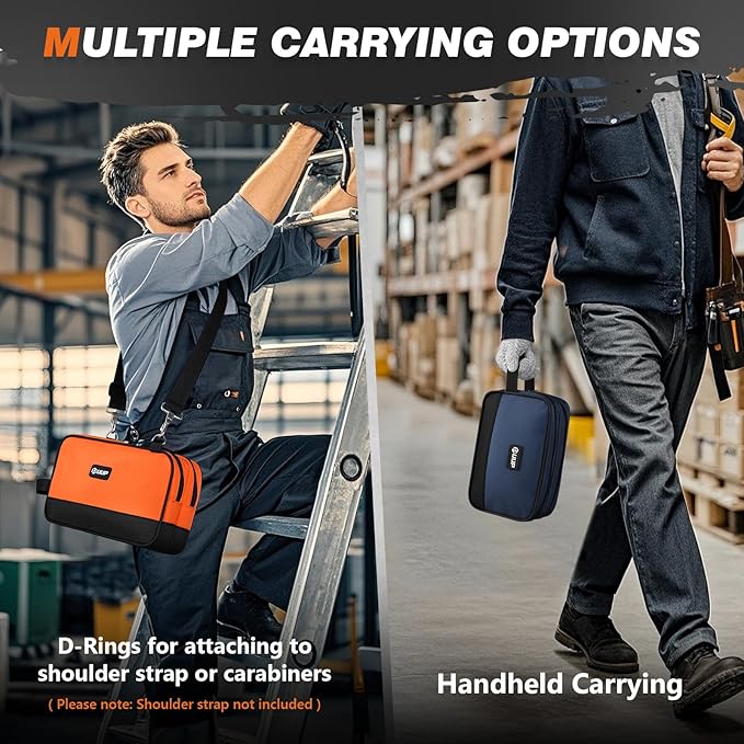 Small Tool Bag 2 Pack, Zipper Tool Pouch Two Compartments, 10 12 inch Utility ToolBag with Carrying Handle, Toolbox Storage Organizer for Electrician Mechanic, Gift for Men Dad, Orange/Blue