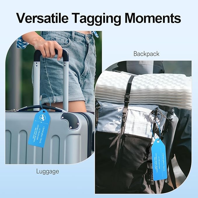 4 PCS Personalized Metal Luggage Tag – Personalized Engraved Suitcase Tag, Backpack Tag, with Matching Color Strap, Waterproof Suitcase Name Badge – Ideal Corporate Gift & Travel Accessory (Blue)
