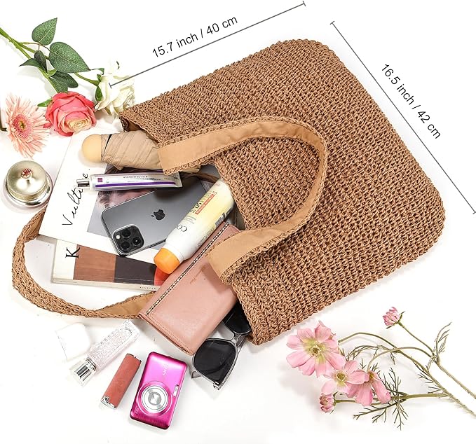 Straw Beach Bags for Women Woven Beach Tote Bag Casual Boho Large Shoulder Handbags Purse for Vacation Holiday