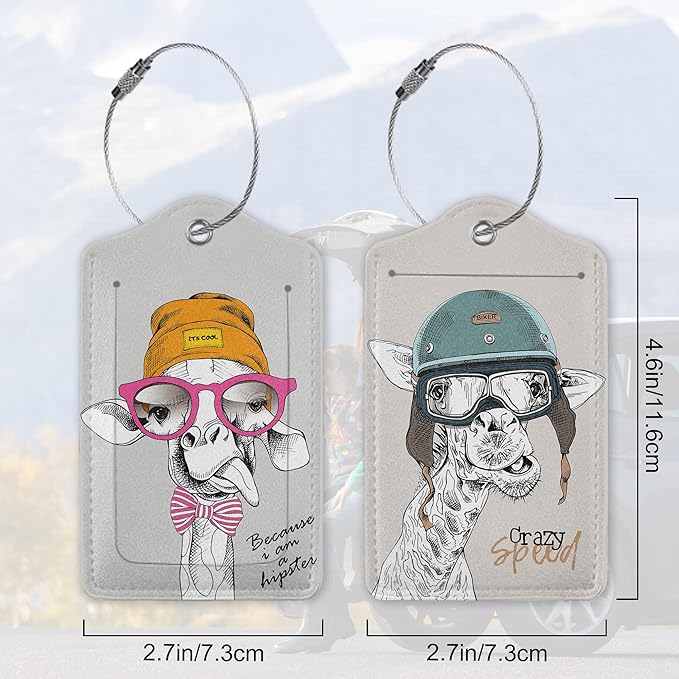Funny Giraffe 2 Pack Luggage Tag for Suitcase, Cute Unique Leather Bag Tags Identifiers Privacy Cover ID Label with Durable Steel Loop for Women Men Kids Girls Travel
