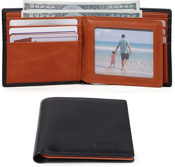 VISOUL Mens Bifold Wallet with 2 ID Windows and 2 Money Compartments, Genuine Leather Designer Wallet with RFID Blocking, Stylish Two-tone Back Wallet for Men (Black and Orange)