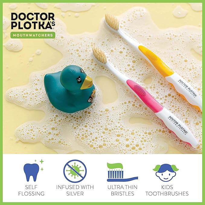 MOUTHWATCHERS Soft Childrens Flossing Manual Toothbrush, Value Pack of 4, Pink Toothbrushes for Kids & Teens, Ultra Clean, by Dr. Plotka's