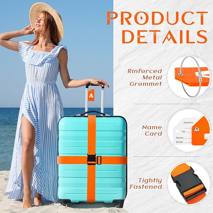 Weewooday 8 Pcs Luggage Straps Suitcase Tags Set for TSA Approved, 4 Travel Adjustable Suitcase Belt, 4 Silicone Luggage Tags with Name ID Card Travel Accessories (Light Orange,A)