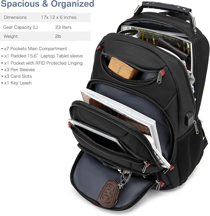 Boniyee Travel Backpack 17.3 Inch, Business Anti-Theft Laptop Bag with USB Charging Port, Waterproof