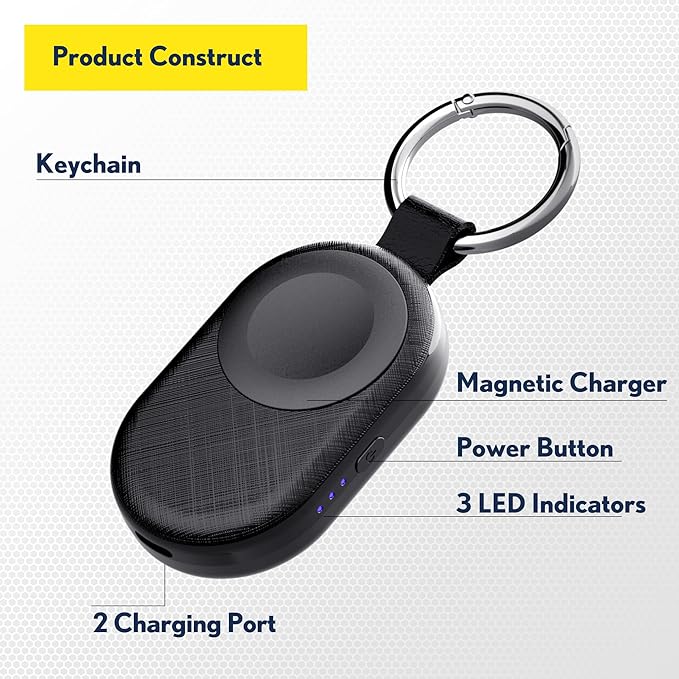 PZOZ Portable Apple Watch Wireless Travel Charger, 1200mAh Power Bank iWatch Fast Charging with Car Keychain, Adapter Compatible with Series Ultra 10 9 8 7 6 5 4 3 2 SE (Black)