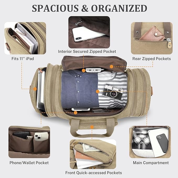Gonex Canvas Duffle Bag for Travel 50L Expandable Duffel Weekend Overnight Bag (Khaki)