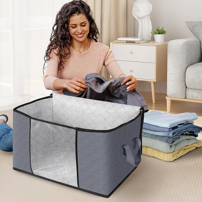 Fab totes 3-Pack Clothes Storage, Foldable Blanket Storage Bags, Containers for Organizing Bedroom, Closet, Clothing, Comforter, Organization with Lids and Handle, Grey