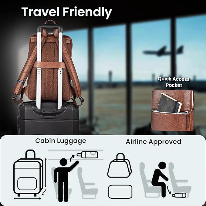 LEATHER VILLAGE Leather Laptop Backpack for Men |Brown | Slim Professional Business Bag Fits 15.6”-Laptop | Water-Repellent Work & Travel Daypack with Trolley Strap