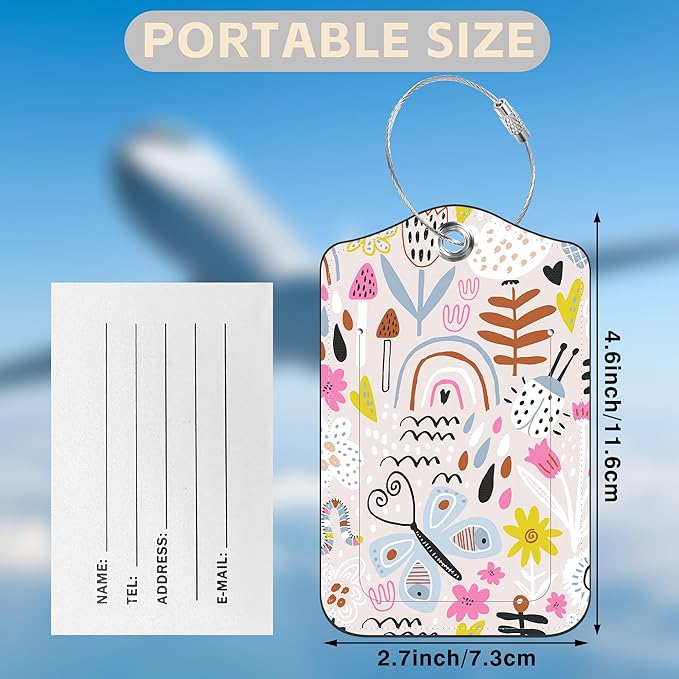 2 Pack Luggage Tags for Suitcases Rainbow Butterfly Mushroom Flower Leather Luggage Tags Privacy Cover ID Label with Stainless Steel Loop and Address Card for Women Men Travel Bag Backpack