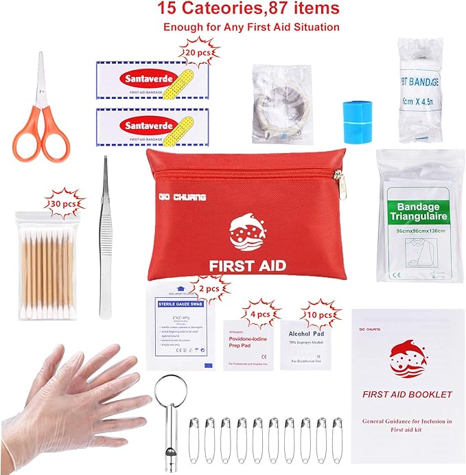 Small Travel First Aid Kit - 87 Piece Clean, Treat and Protect Most Injuries,Ready for Emergency at Home, Outdoors, Car, Camping, Workplace, Hiking.
