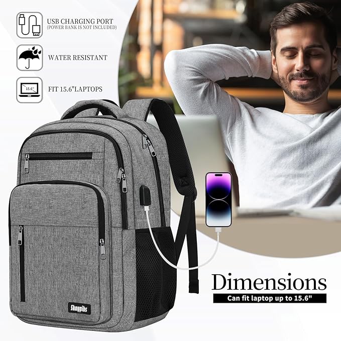 Backpack for Women Men, School Backpack for Boys Girls Teens, Work Computer BookBag, 15.6 inch Laptop Water Resistant Anti Theft Backpack Gifts for men women, Grey