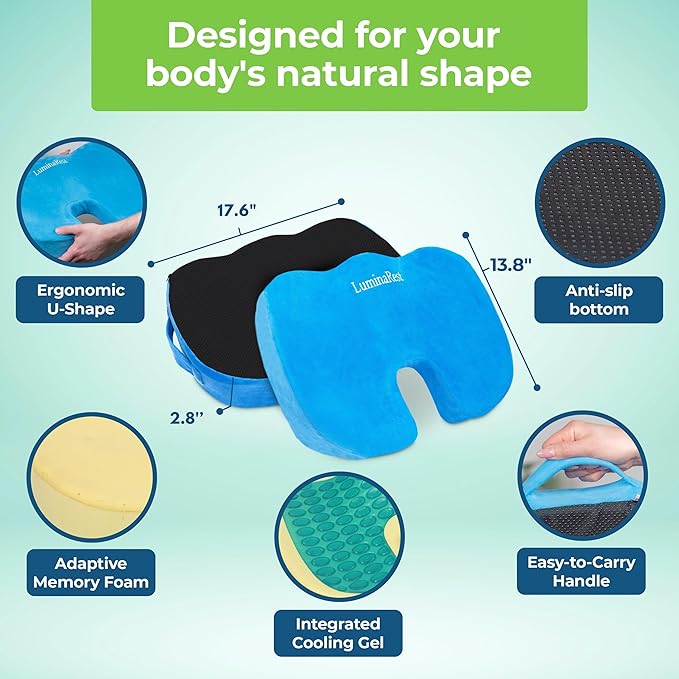 LuminaRest® Gel Seat Cushion for Tailbone Pain Relief – CertiPUR-US® Certified Memory Foam Office Chair Cushion, Car Seat Cushion for Sciatica & Back Support – Ergonomic U-Shaped Design (Blue)
