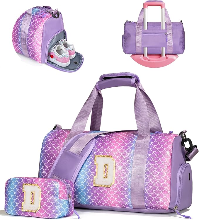 Cute Preppy Gifts for Girls-Girl Gym Bag with Shoe Compartment, Kid Personalized Weekender Overnight Bags, Initial Travel Tote with Makeup Pouch, Chenille Gift for Teen (Letter D)