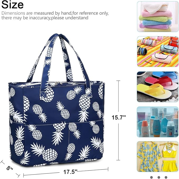 LEDAOU Large Beach Tote Bag Women Waterproof Sandproof Zipper Beach Tote Bag for Pool Gym Grocery Travel with Wet Pocket