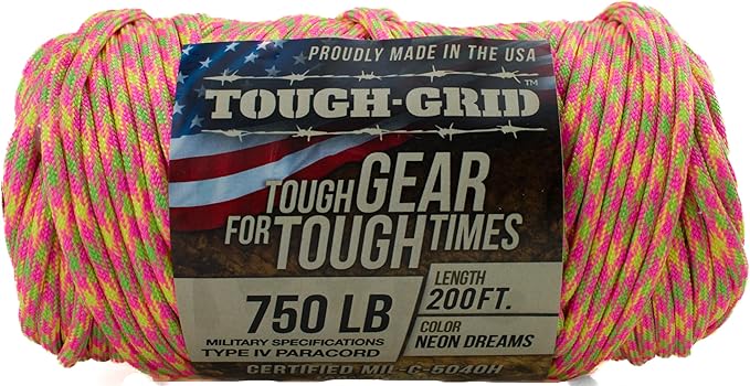 TOUGH-GRID 750 Paracord Rope Nylon Parachute Cord, Made in USA Survival Kit, Outdoor Adventures, Camping, Tactical Gear & Emergency Supplies, Military Type IV Mil-Spec