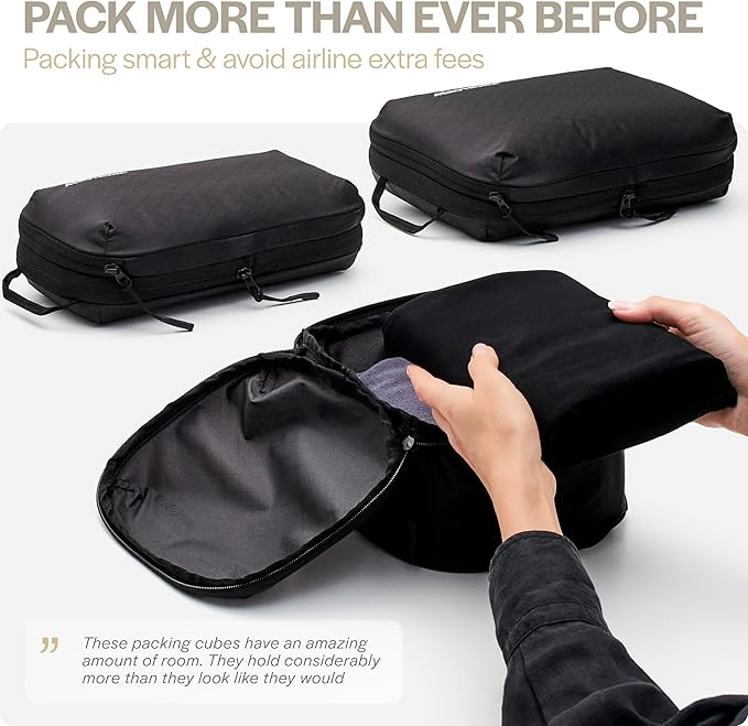 Aerotrunk Ultralight Compression Packing Cubes - Lightweight Travel Organizers for Suitcases and Luggage (6-Pack, Black)