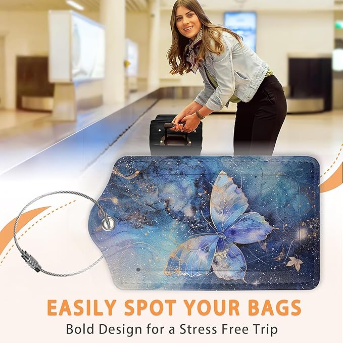 Starlit Crystal Butterfly PU Leather Luggage Tags for Suitcase, Travel Cruise 3 Pack with Privacy Flap, Name ID Label and Metal Loop for Women Men Girls Baggage Bag Backpack