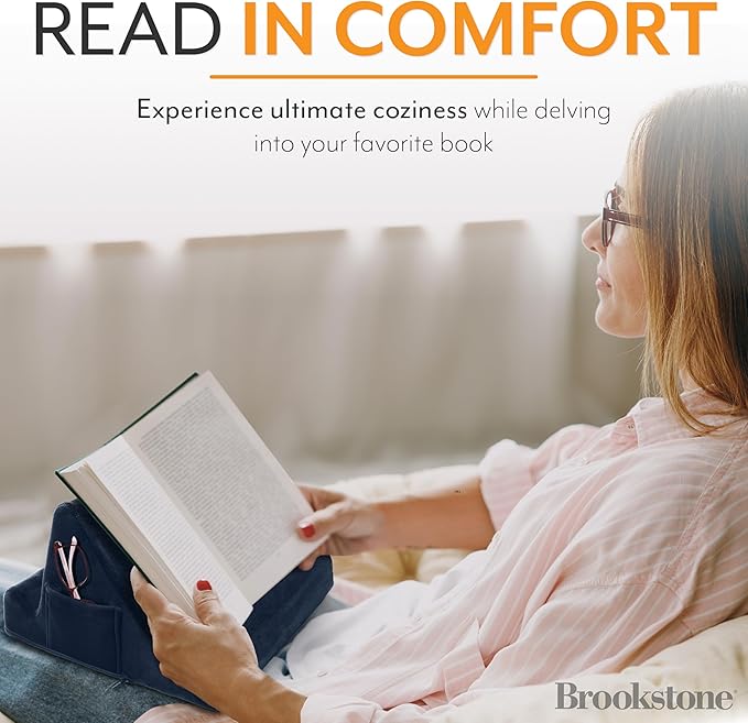 Brookstone, Memory Foam Lap Desk Tablet Holder, Holds Phones, iPads, E-Book Readers, 2 Viewing Angles, 2 Side Pockets for Accessories, Book Holder Cushion, Perfect Home, Car Travel, Flights, Blue