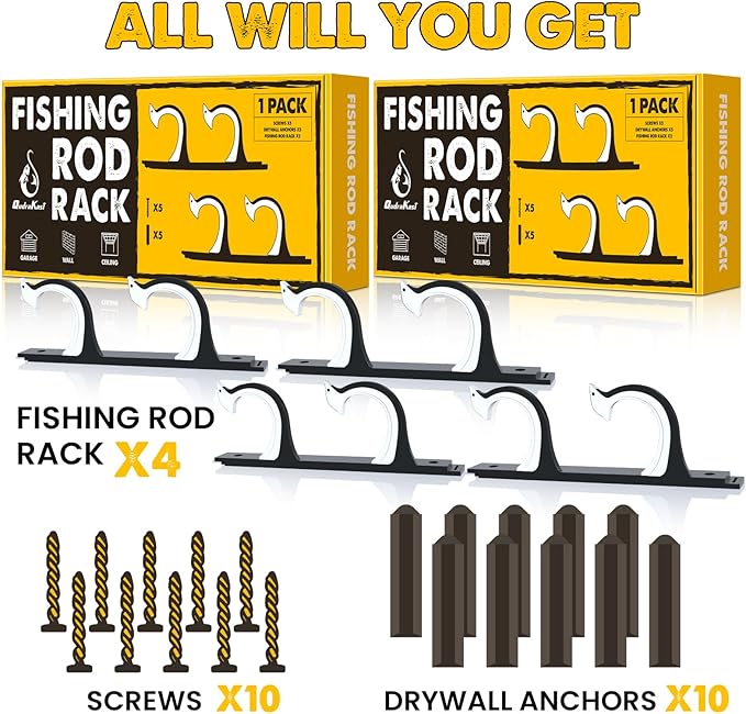 QudraKast Horizontal Fishing Rod Holder for Garage Wall Ceiling Mount - Fishing Pole Holders Fishing Rod Rack Holds Up to 4 Rods or Combos, Ideal Fishing Gift (2pack)