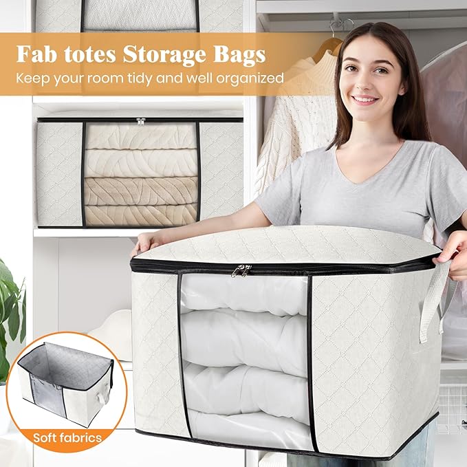 Fab totes 24 Gallons Clothes Storage, Foldable Thick Fabric Blanket Storage Bags, Containers for Organizing Bedroom, Closet, Clothing, Comforter, Organization with Handle (10 Pack,Ivory)