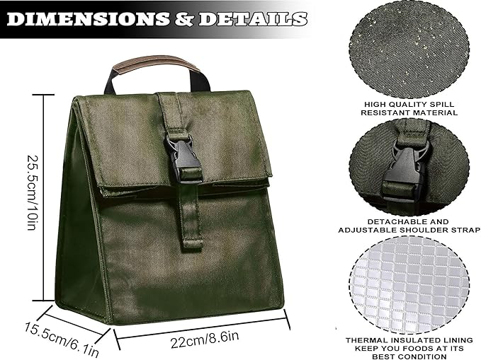 Insulated Foldable Lunch Bag- Lightweight Portable with Adjustable Shoulder Strap Lunch Box for Men, Women, Office, Work, Picnic, Hiking and Beach (Army Green(Soft Fabric))