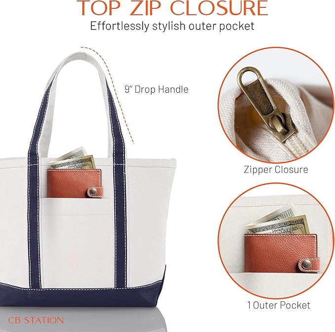 CB STATION Medium Classic Canvas Tote Bag for Women, Top Zipper Closure, Outer Pocket, Daily Essentials, Groceries, Traveling