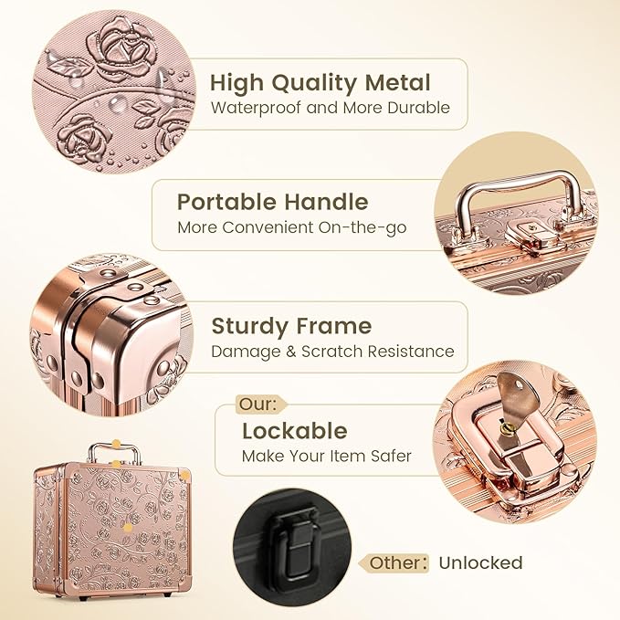 Makeup Case with Magnetic Lighted Mirror Cosmetic Train Box Detachable LED Mirror Adjustable Brightness in 3 Colors Waterproof Storage Organizer Artist Suitcase with Dividers Brush Holder, Rose Gold