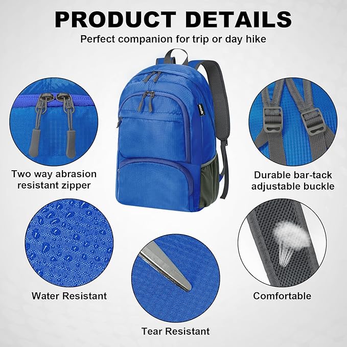 HOLYLUCK 20L lightweight packable Hiking Daypack Foldable Backpack for Men Women Small Travel Outdoor Foldable Shoulder Bag-blue