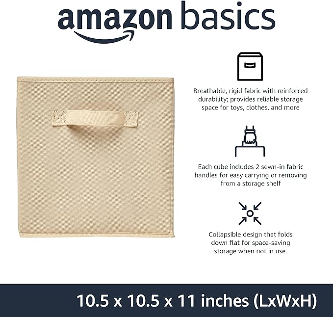 Amazon Basics Collapsible Fabric Storage Cubes Organizer with Handles, Sturdy, Beige, 10.5-x-10.5-x-11-inch, Pack of 6