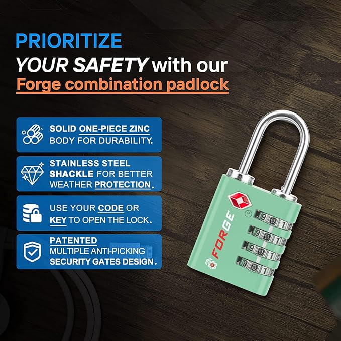 Forge Dual-Opening: Key or Combination Access Lock, TSA Approved Locks for Luggage, Pelican case, Travel, Gym, School, Stainless Steel Shackle. (Multi Color, 4 Pk)