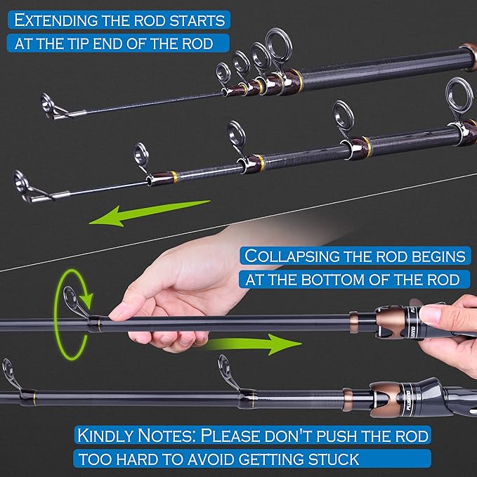 PLUSINNO Fishing Rod and Reel Combos, Bronze Warrior Toray 24-Ton Carbon Matrix Telescopic Fishing Rod Pole, 12 +1 Shielded Bearings Stainless Steel BB Spinning Reel, Travel Freshwater Fishing Gear