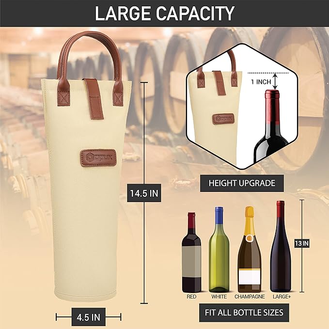 opux Wine Bag Single Bottle Carrier Tote, Insulated Travel Wine Cooler Bag for Picnic Beach Gift, Thermal Padded Portable One Bottle Holder Carrying Case for Women Men Wine Lovers, Cream Beige
